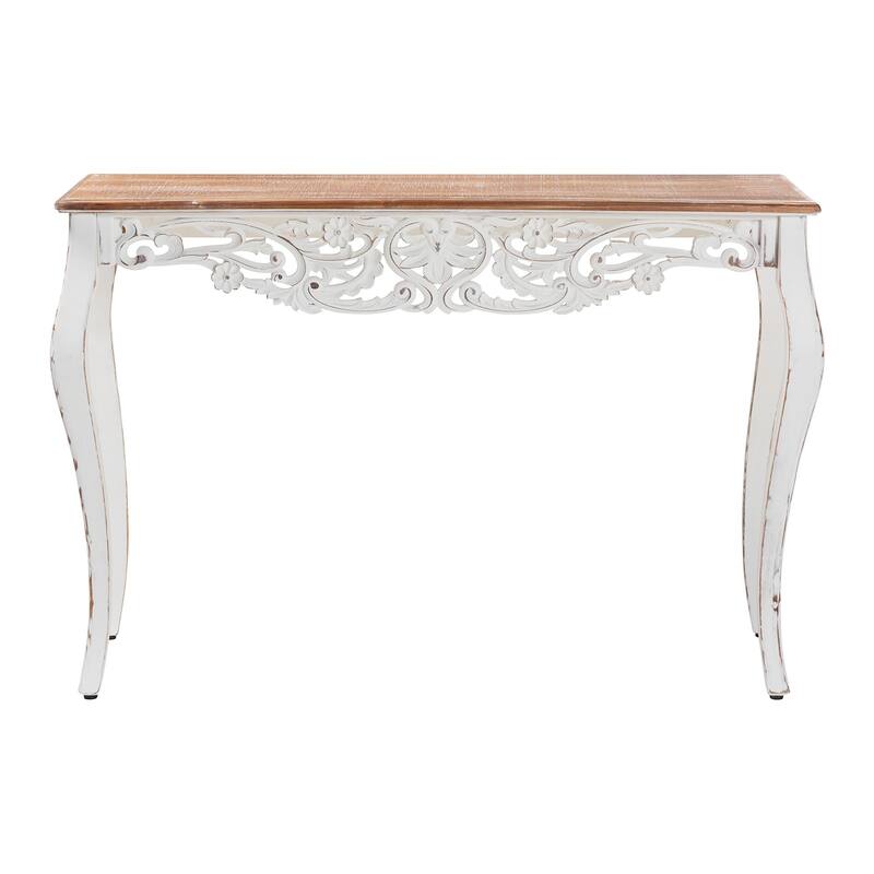 Riquin Distressed Wood Console Table - Carved Wood Accent Table with Floral Motif and Two-Tone Finishing