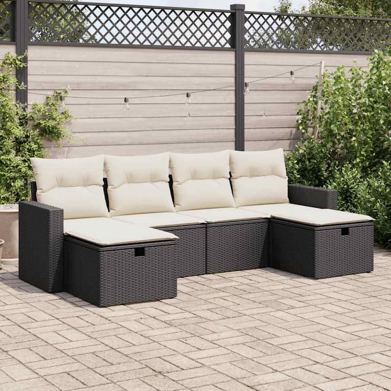 vidaXL Patio Sofa Set with Cushions Outdoor Furniture 6 Piece Poly Rattan - Black and cream Large with storage & bag