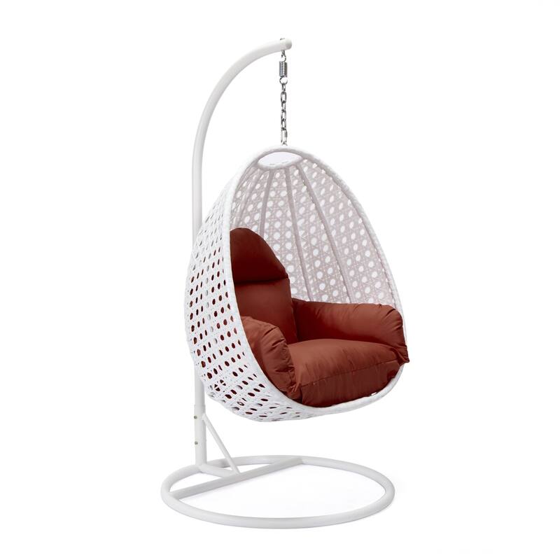 Patio Hanging Egg Swing Chair with White Wicker Shell and Iron Frame for Indoor Outdoor Patio Porch Garden Backyard - Cherry