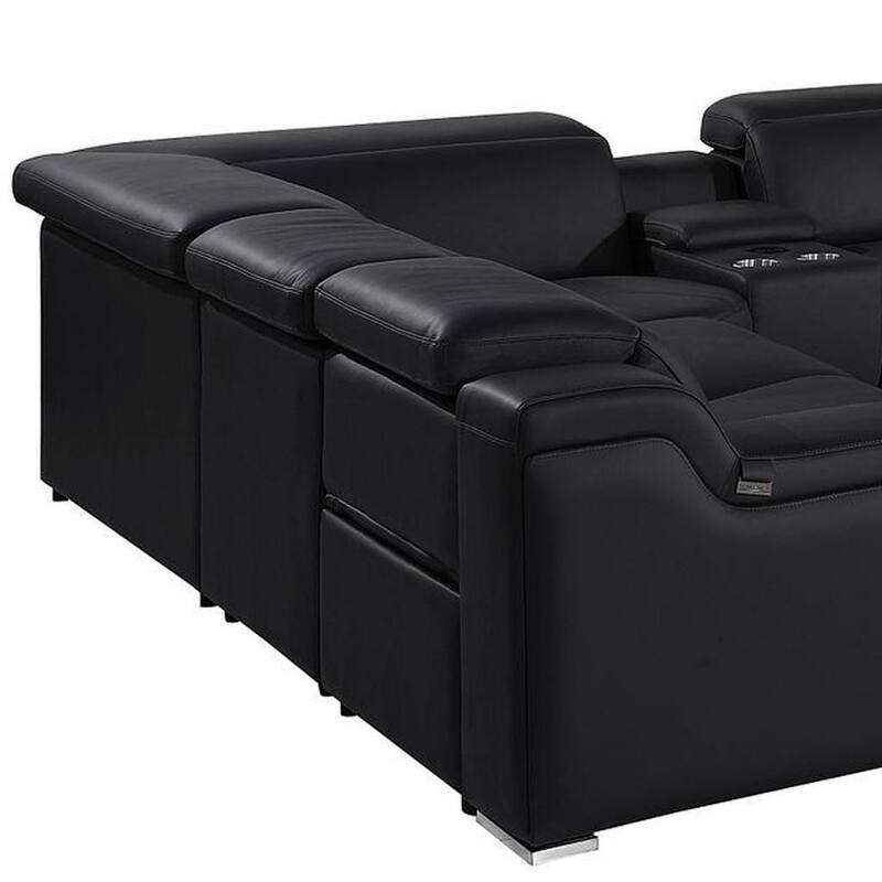 HomeRoots Black Italian Leather Power Reclining U Shaped Ten Piece Corner Sectional With Console
