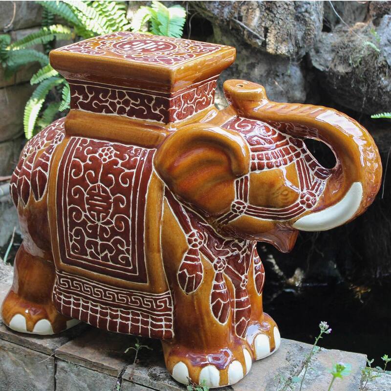 International Caravan Large Porcelain Elephant Stool - Brown Wash