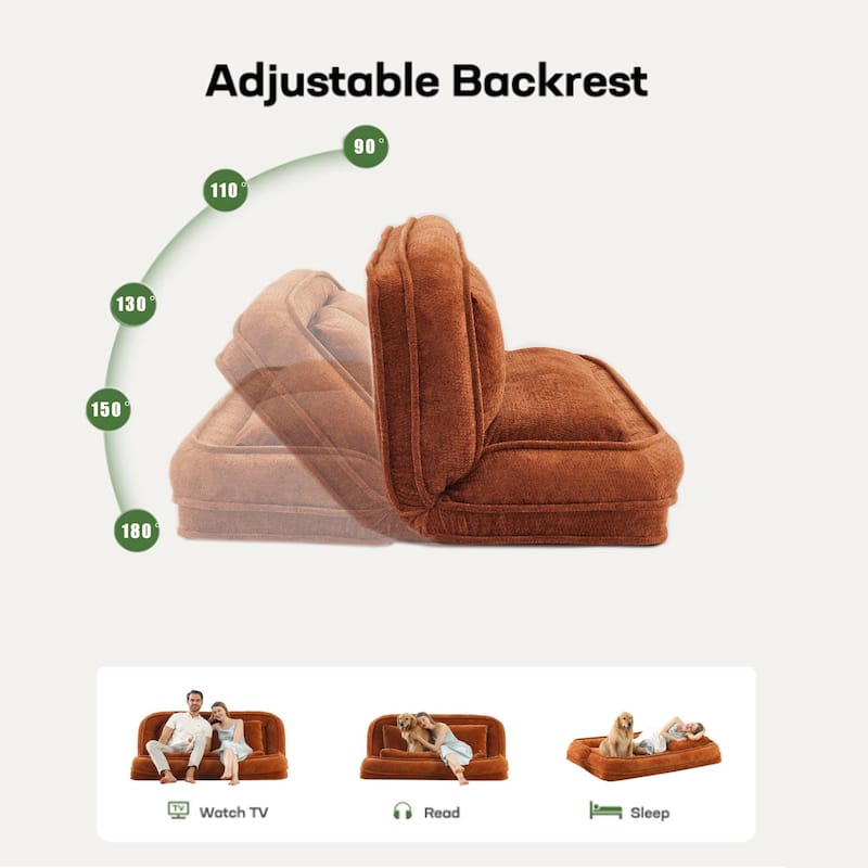 Pet Friendly Lazy Loveseat Sofa 2-in-1 Chenille Floor Couch Double Human Sleeper Bed with 5 Adjustable Position, Plump Pillows