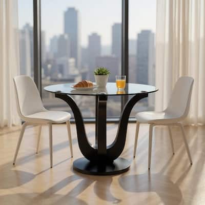 HomeRoots 51" Clear and Black Glass and Solid Wood Pedestal Base Round Top Dining Table - 51.18 in. x 29.53 in. x 51.18 in.