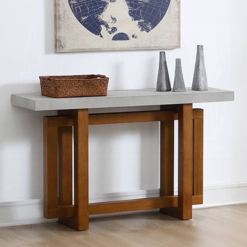 Wooden Sofa Table with Faux Concrete Top in Walnut Finish