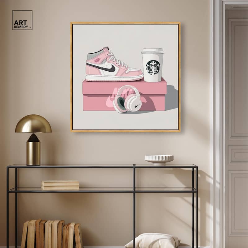 Pink Sneaker and Headphones Canvas by Art Remedy