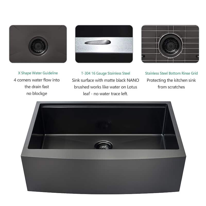 DORNBERG Black Stainless Steel Farmhouse Kitchen Sink 33 Inch Apron Front Curved Sink