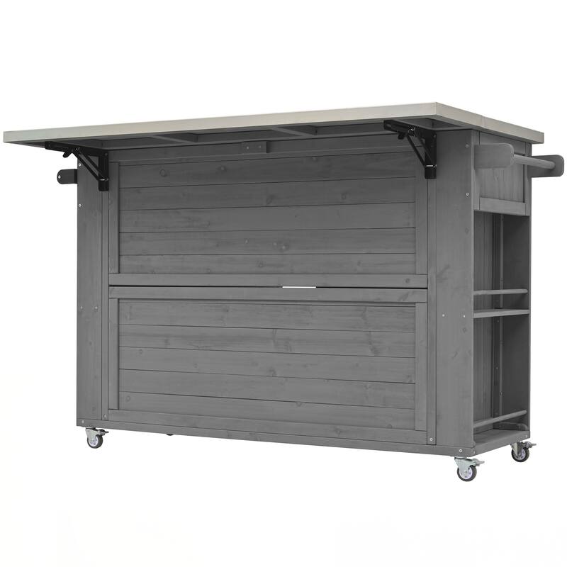 Outdoor Kitchen Island Fir Wood Kitchen Island with Stainless Steel Top, Ample Storage Space, Towel and Spice Racks