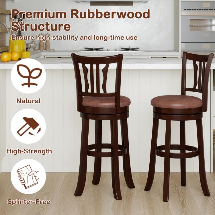 Set of 2 Cappuccino Rubber Wood MDF Faux Leather Swivel Bar Stools with Footrest