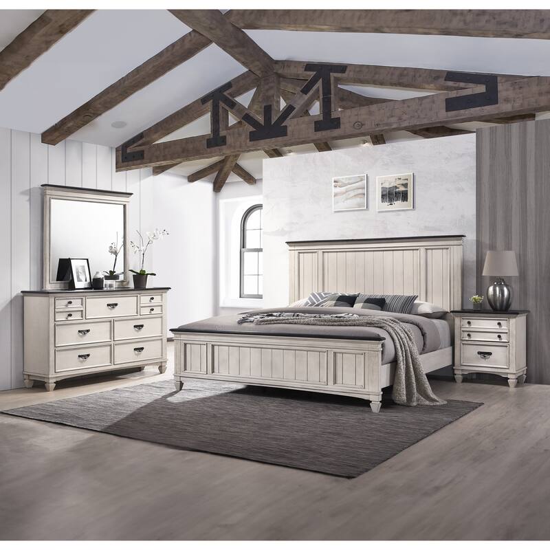 Queen Size Wood Panel Bed with Built-in Bench Footboard and Rustic Industrial Style