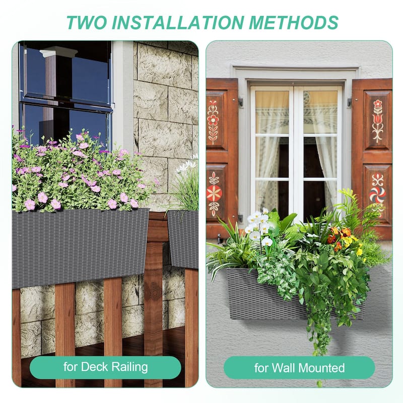 Aoodor 4Pcs 19.5" Rectangular Window/Railing Planter Box, Self Watering Planter for Balcony Porch Fence Patio - 19.5''×7.2''