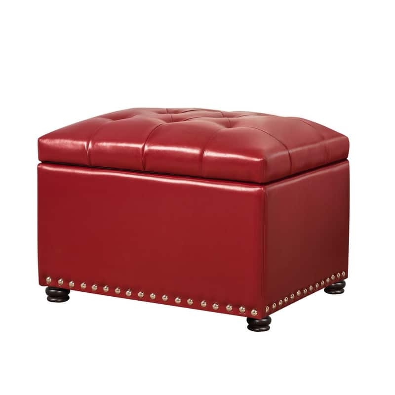 Adeco Red Leather Rectangular Storage Ottoman with Lid