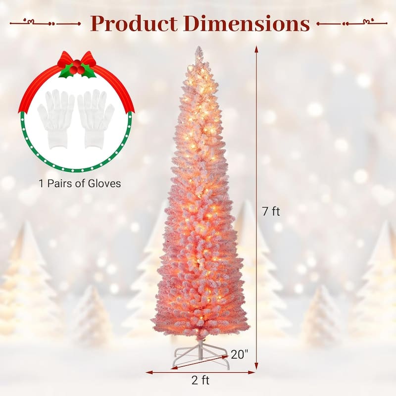 6/7FT Pre-lit Snow-Flocked Pencil Christmas Tree Pink Hinged Xmas Tree - 7 Foot