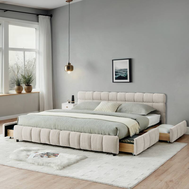 Block Thick Chenille Low Profile Platform Bed Fabric Upholstered Bedframe with Headboard Solid Wood Frame - Optional Storage Bed
