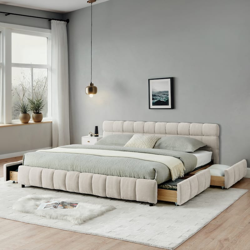 Modern Beige California King Upholstered Bed with Storage Drawers and Chenille Fabric Headboard - Beige