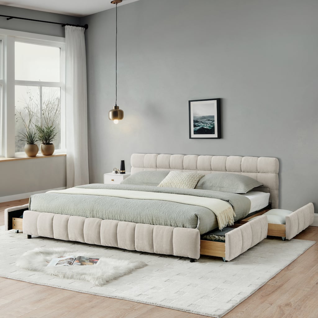 Modern Beige California King Upholstered Bed with Storage Drawers and Chenille Fabric Headboard