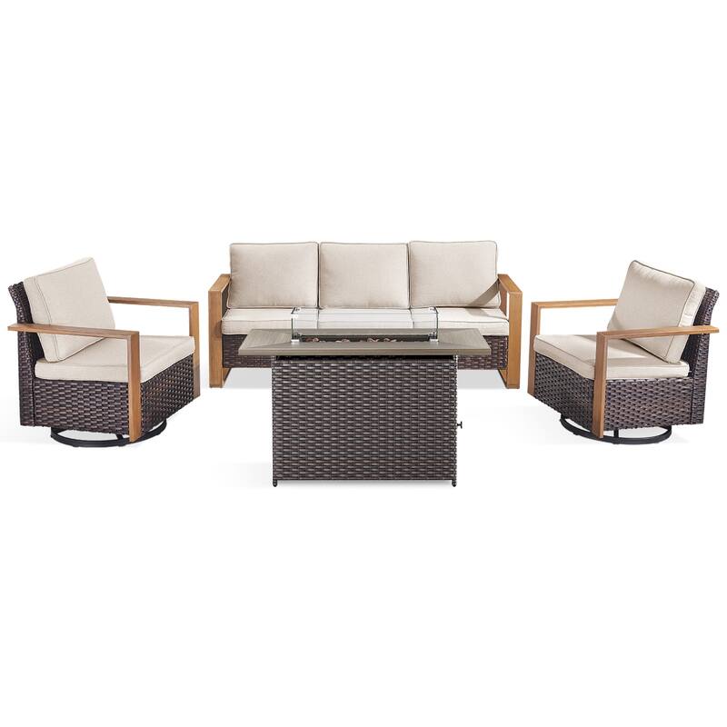 Meyreso Wicker Outdoor Patio Fire Pit Set with Swivel Gliders & 4.5" Olefin Cushions