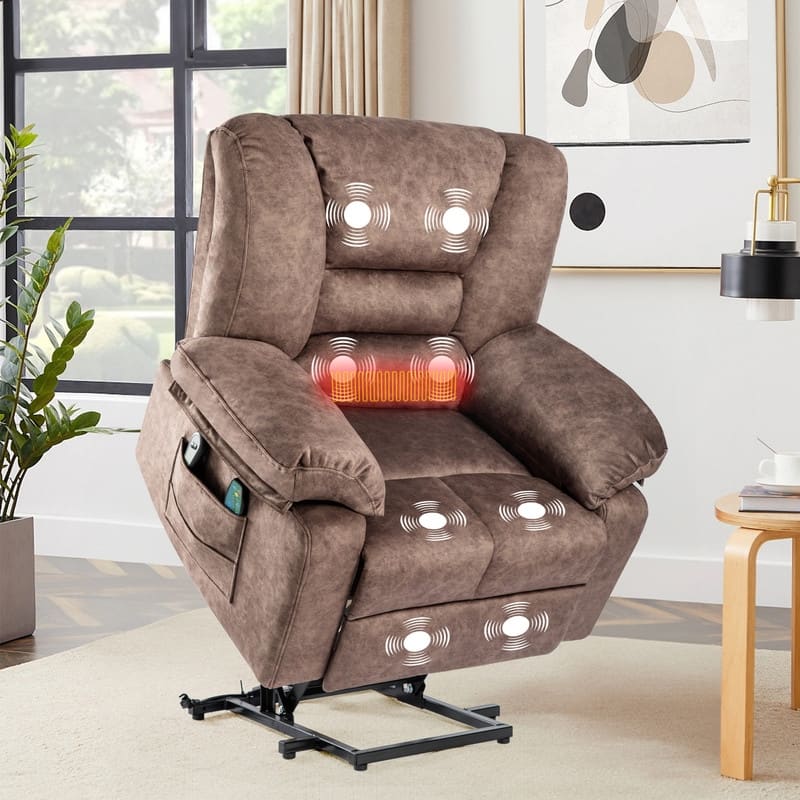 41.33''Wide Heavy Duty Power Lift Recliner - Soft Velvet with Message,Heat and Lift Assist - Brown