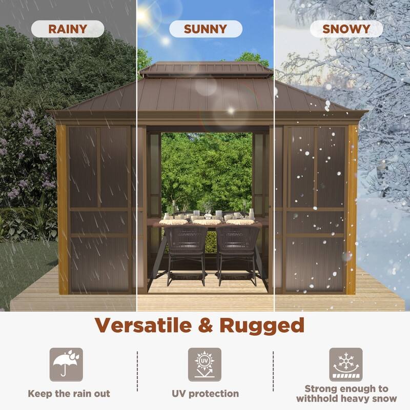 Outdoor Hardtop Sunroom Gazebo with Double Roof & Sliding Doors, All-Season Aluminum Outdoor Pergola, PE Screens&Lockable Design