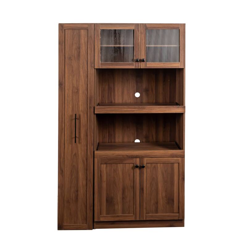 Roomfitters Kitchen Pantry Cabinet with Multi-Tier Pull-Out Shelves, Farmhouse Storage Cupboard with 4 Doors, Walnut
