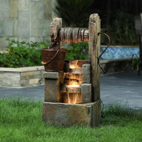 Rustic Well and Planter Outdoor Cement Fountain with LED Light