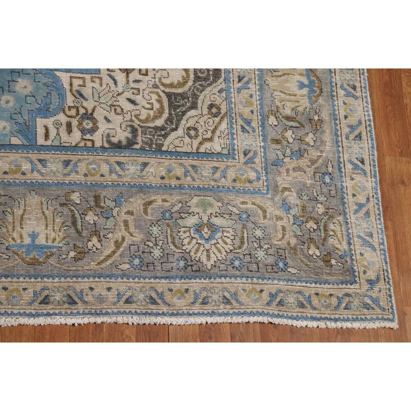 Light Blue Medallion Tabriz Persian Area Rug Hand-Knotted Wool Carpet - 9'10"x 12'10"