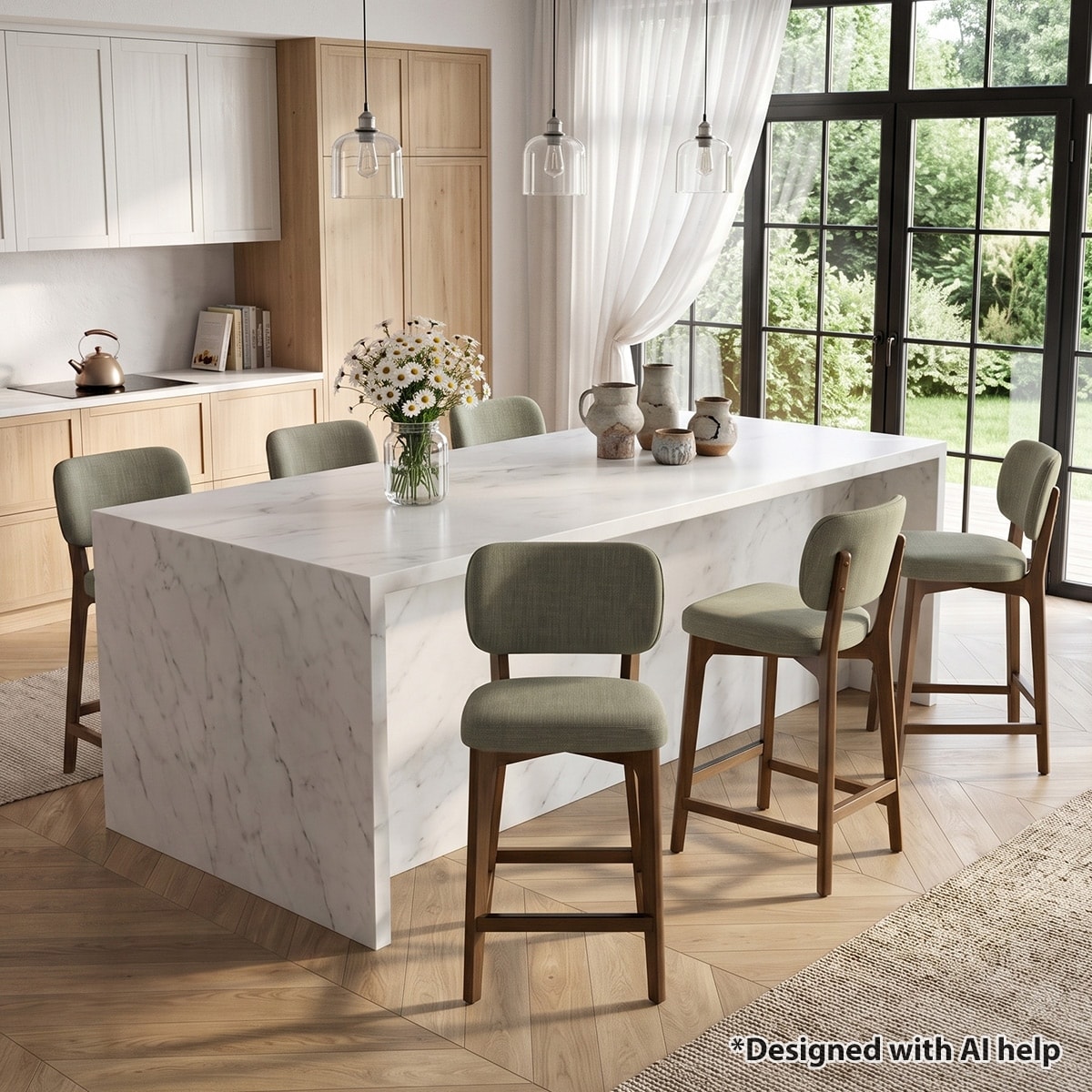 25.5" Seat Height Upholstered Counter Stools With Solid Wood Legs (Set of 6)