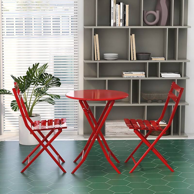 Modern 3 Piece Patio Bistro Set w/ Foldable Round Table and Chairs