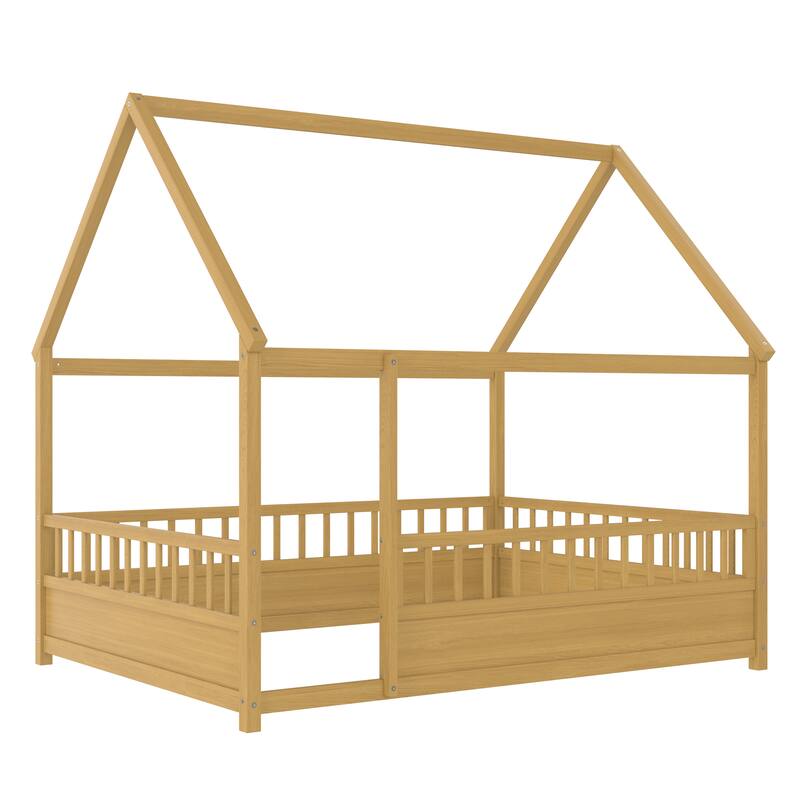 Full Size Floor Wooden Bed with House Roof Frame, Fence Guardrails(Full,Natural)