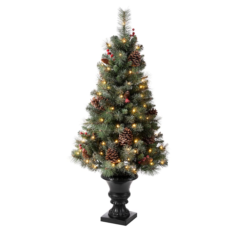 Glitzhome 4ft/5ft/6ft Flocked Pine Christmas Potted Porch Tree With Warm White Lights