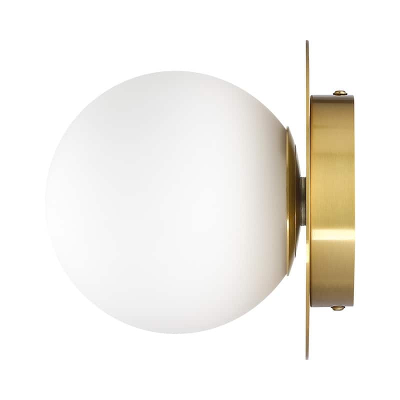1-Light Damp Rated Brass Wall Sconce with White Glass Shade - 7 in.