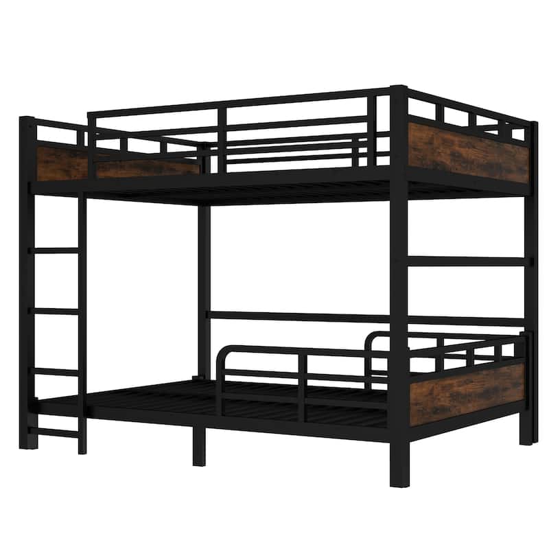 Split Design Metal Loft Bed & Platform Bed Set, Metal Bunk Bed with Raised Security Fence and Vintage Wood Accents