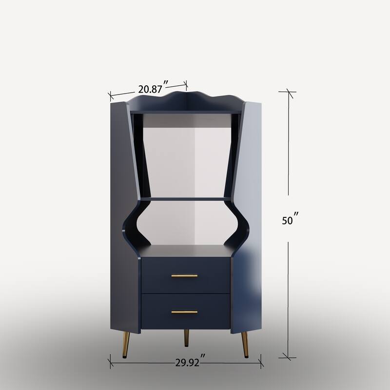 Modern Wooden Corner Bar Cabinet with Mirrored Back, 2 Drawers and Open Shelves, Buffet Sideboard for Dining or Living Room