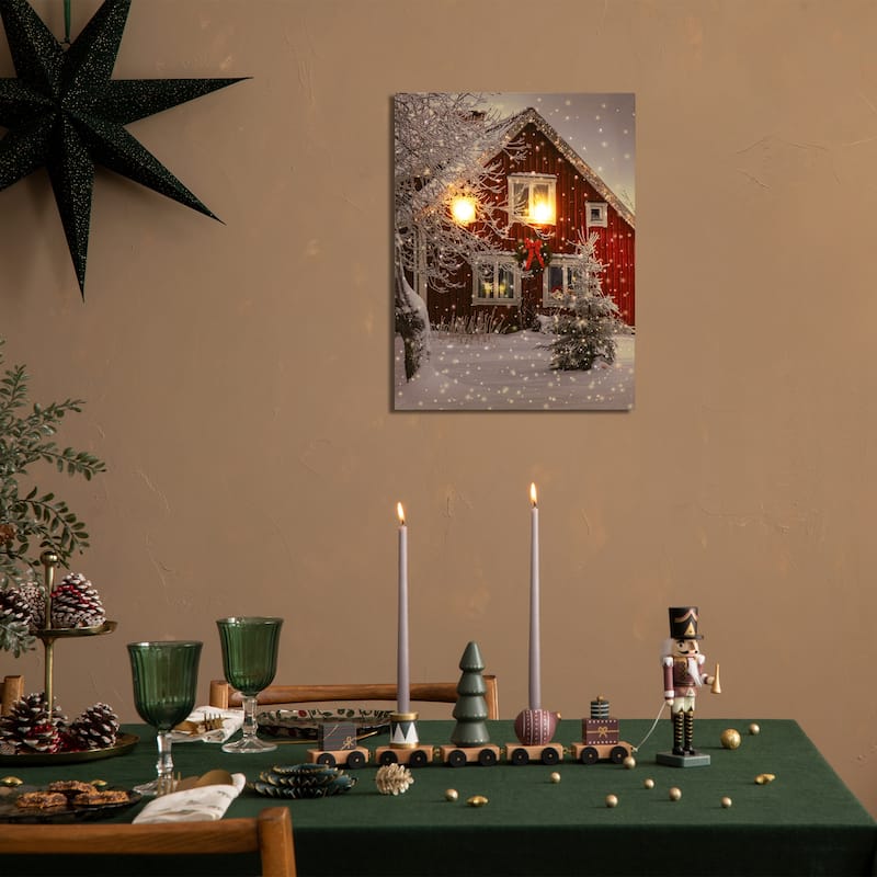 LED Fiber Optic Red Snowy Barn House Christmas Wall Art 15.75 x 12