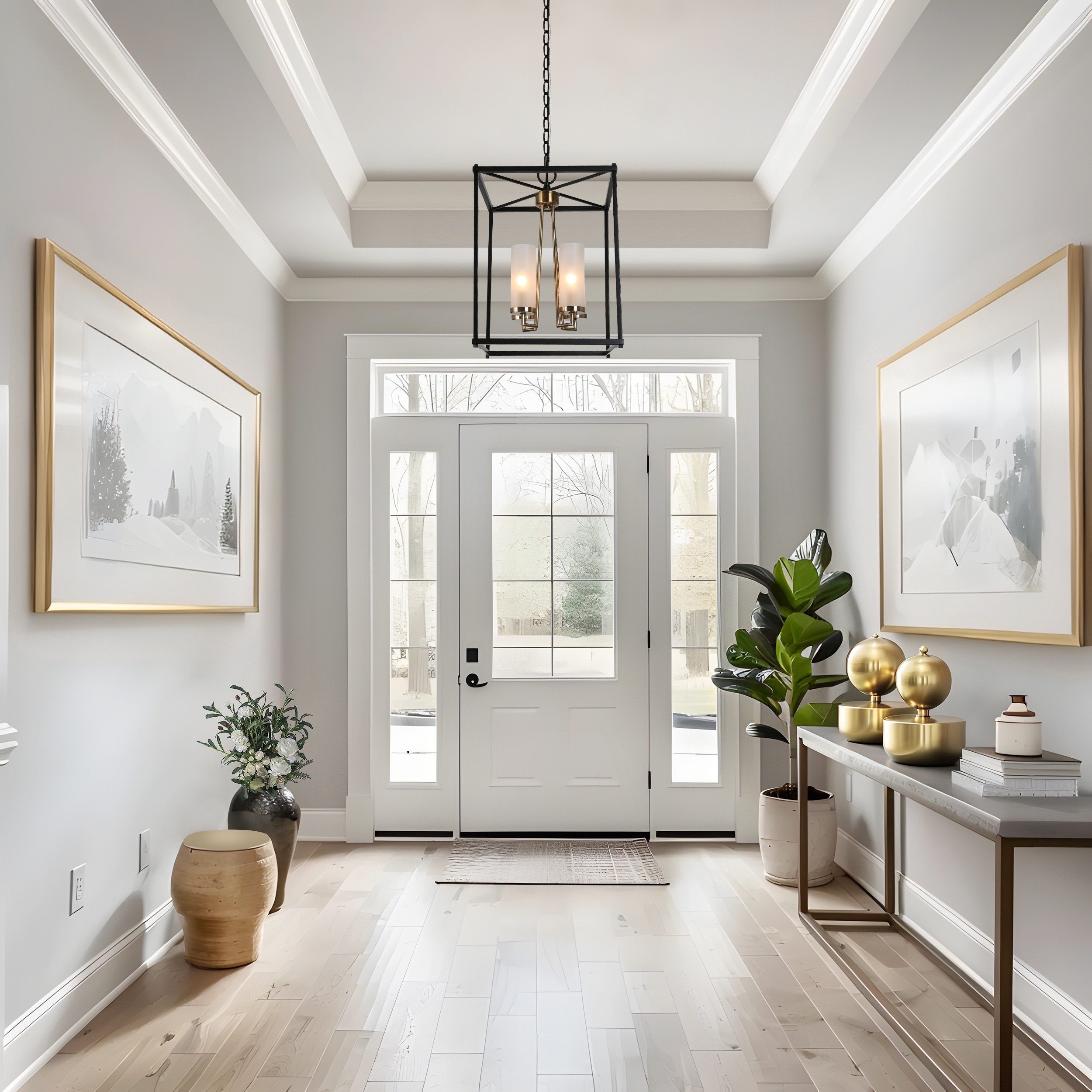 Transitional 12-Inches Black Brass Square Metal Kitchen Pendant Farmhouse Frosted Glass Foyer Light - D12" x H80.5"