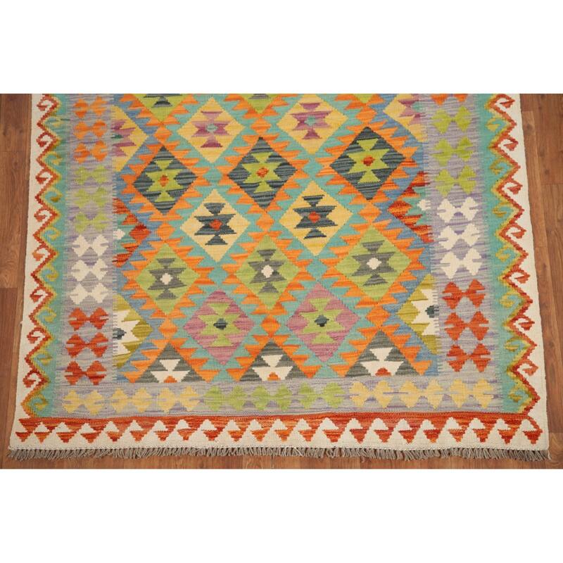 Hand Woven Oriental 100% Wool Carpet Southwestern Geometric Multi-Colored Kilim Area Rug - 6' 8'' X 5' 0''