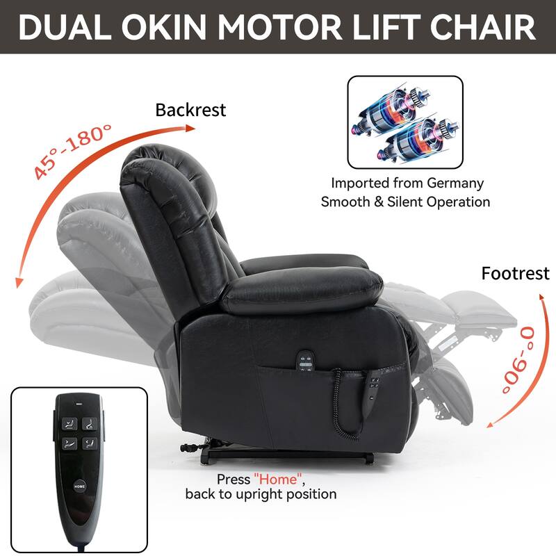 Brown Power Lift Recliner with Dual Motors, 8-Point Vibration Massage, and Heated Lumbar Support