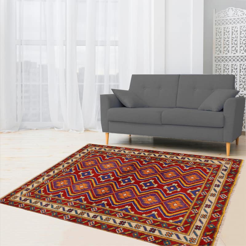 Bohemian Balochi Hancock Red/Beige Hand Knotted Wool Rug - 3'5'' x 4'10''