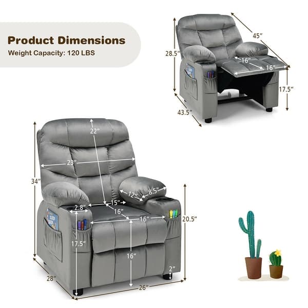 dimension image slide 3 of 4, Gymax Kids Youth Recliner Chair Velvet Fabric w/Cup Holder & Side