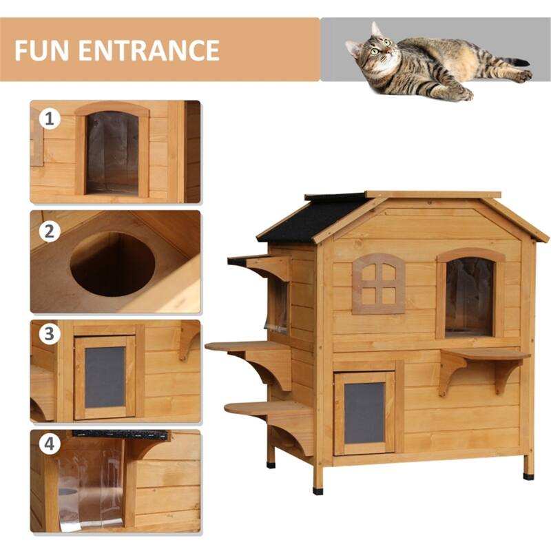 Wooden Cat House with Multi-Level Design, Waterproof Roof, and Fun Entrances for Indoor/Outdoor Use
