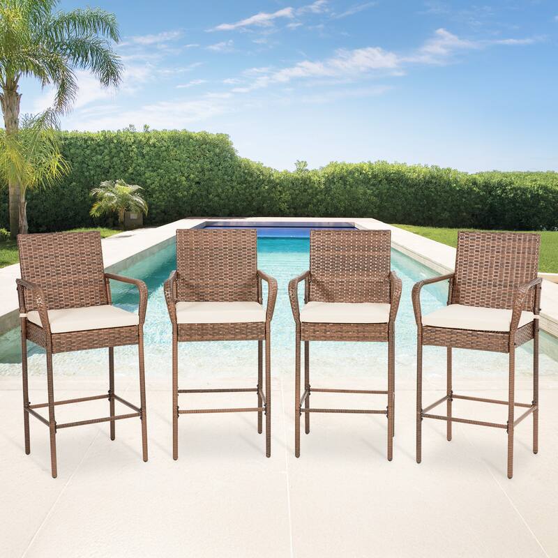 AVAWING All-Weather Wicker Bar Stools - Cushioned, Ergonomic, for Patio & Poolside - Black/Brown/Grey - Brown-4-Piece