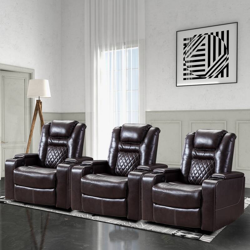 Breathable Leather Home Theater Seating with with USB Ports and Cup Holders - 3seat Brown