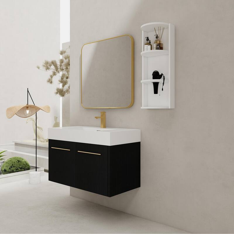 Wall mounted bathroom vanity with sink and storage shelf