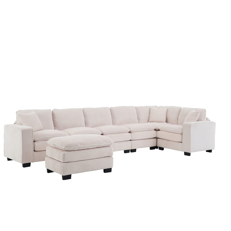 118.1'' Luxurious U-Shaped 6-Seater Sectional Sofa with Ottoman and 3 Plush Throw Pillows in Durable Corduroy Upholstery