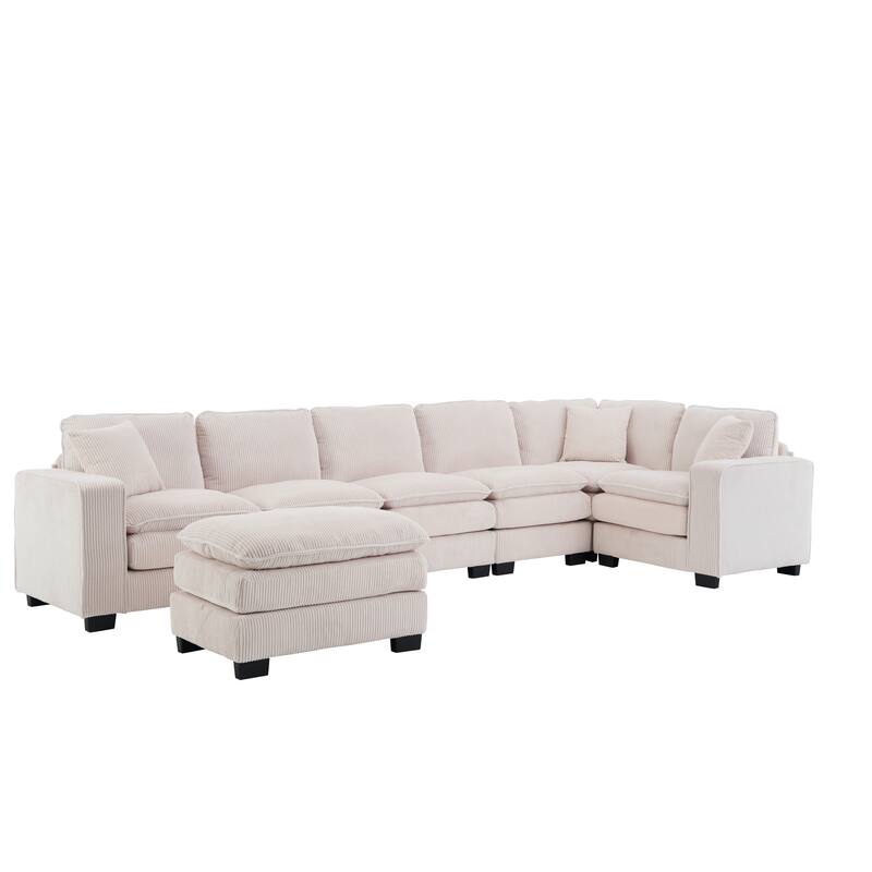 Oversized U Shaped Sectional Sofa with Ottoman and 3 Toss Pillows, Living Room Sleeper Couches Corduroy Recliner Sofa Bed