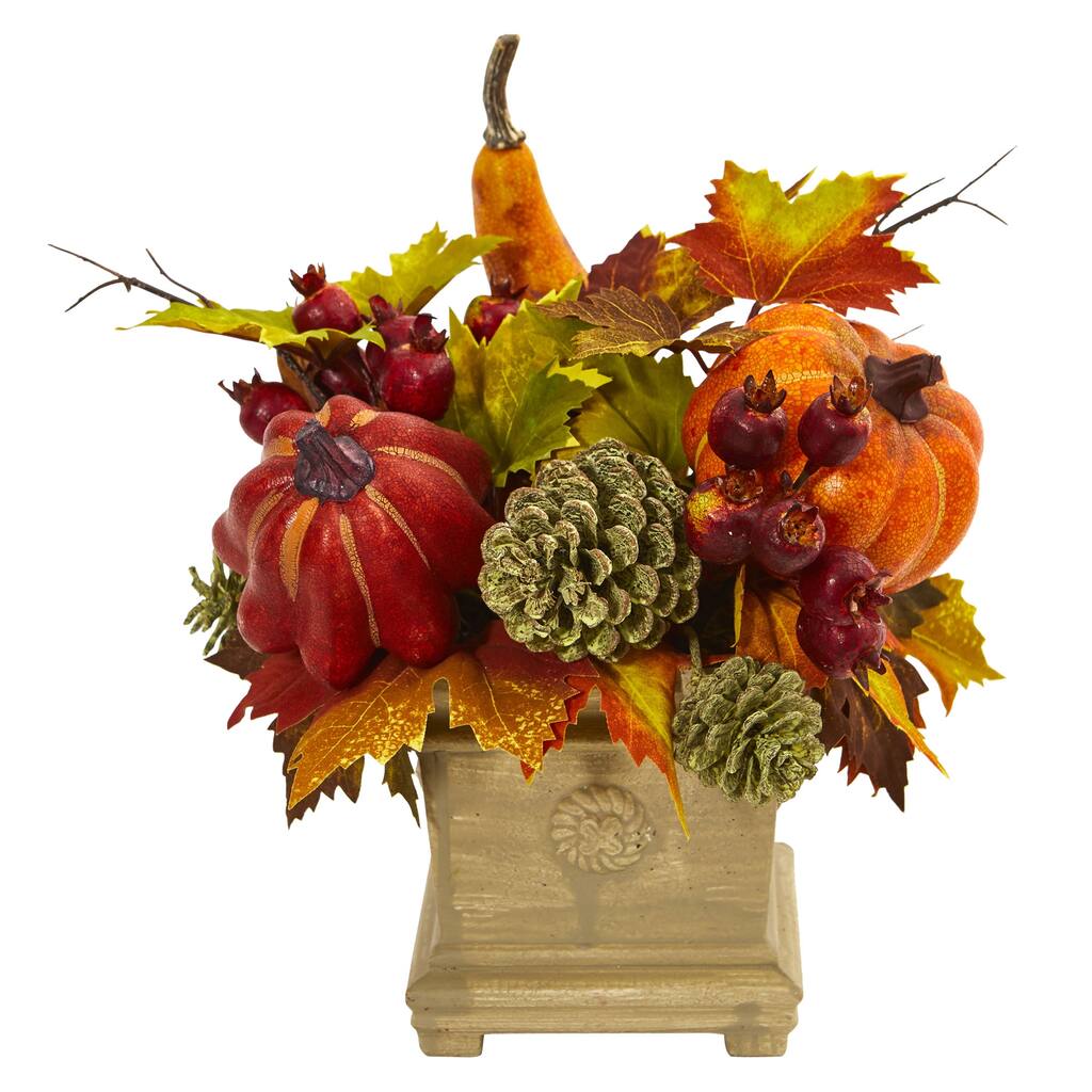 11" Pumpkins Gourd Berries Maple Leaves Fall Artificial Arrangement