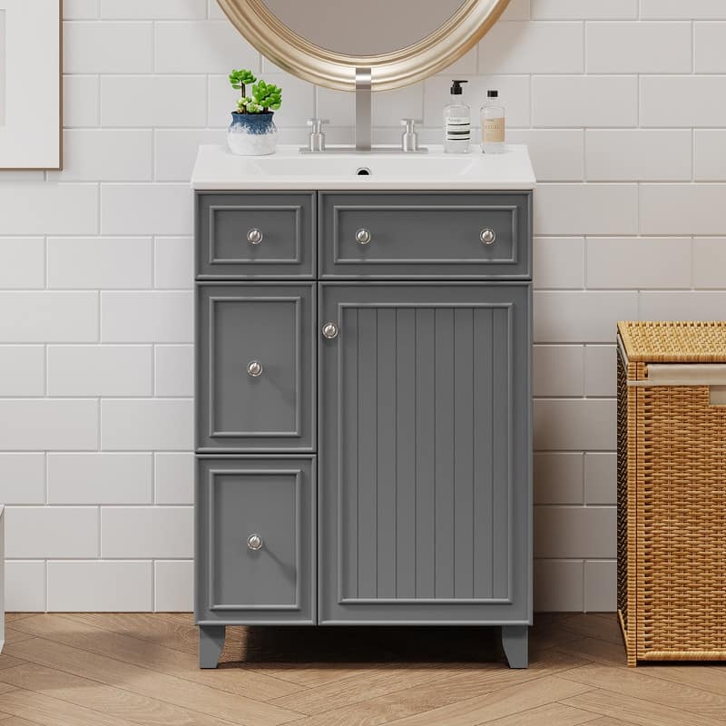 24" Green Bathroom Vanity Cabinet with Ceramic Sink, 2 Drawers, 1 Soft-Close Door