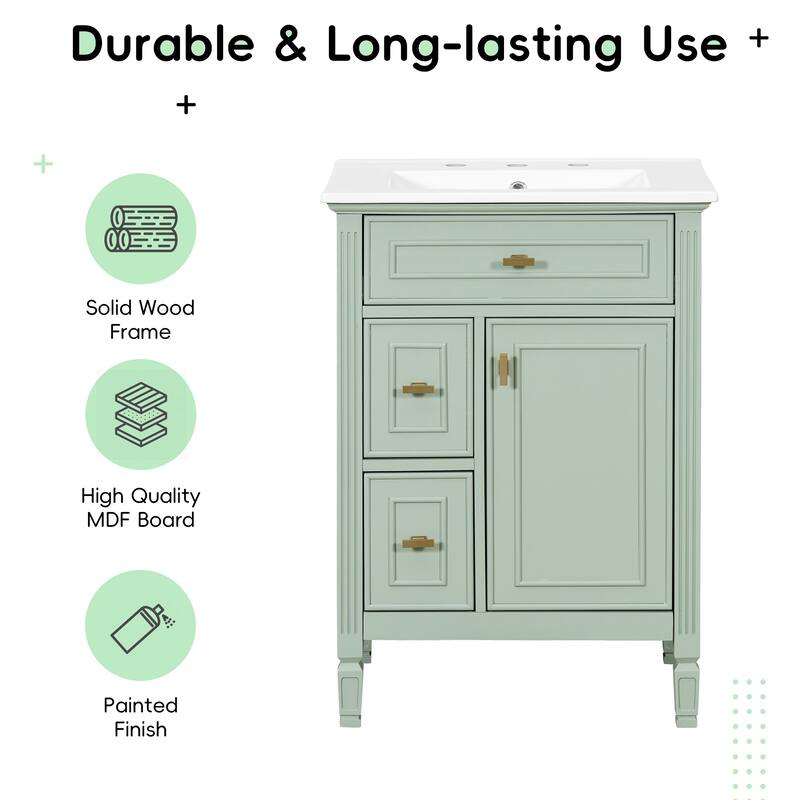 24 Inch Bathroom Vanity with Sink, Flip Drawer and Two Soft-Close Drawers