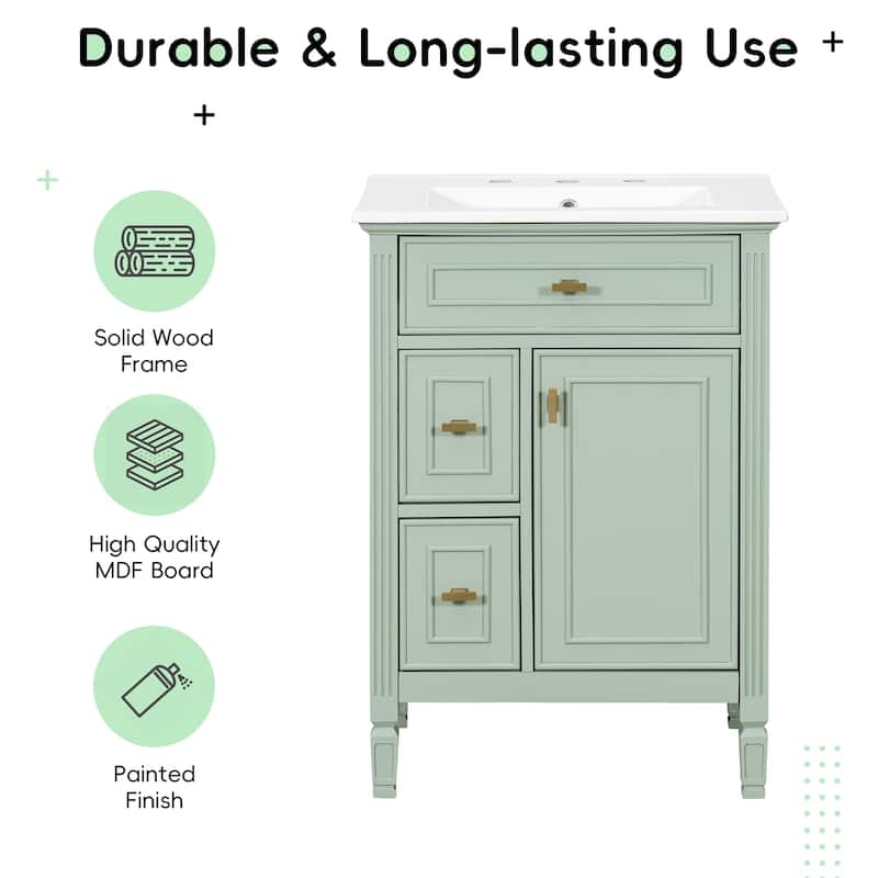 Modern 24-Inch Bathroom Vanity with Ceramic Sink, Solid Wood and MDF Cabinet with Flip Drawer, Drawers, and Adjustable Shelf