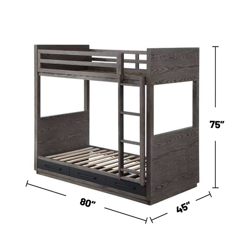 Wooden Twin over Twin Bunk Bed with 3 Drawers in Gray Oak