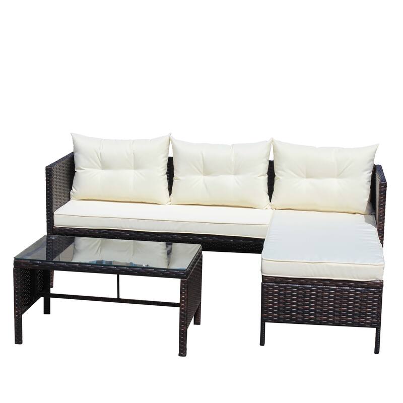 3-Piece Outdoor Patio PE Rattan Wicker Sectional Sofa Set with Seat Cushions and Tempered Glass Table - Brown